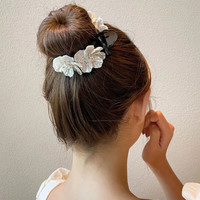 洛梵欣饰 仙花朵丸子头抓夹感后脑勺发夹盘发神器鲨鱼夹子头饰女 贝壳花朵三齿夹-黑色