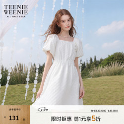 TEENIE WEENIE 小熊女装简约夏装法式方领白色连衣裙肌理感泡泡袖裙子女 象牙白 M