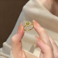 洛梵欣饰 复古法式橄榄绿色可调节戒指女轻奢小众气质手饰简约百搭潮流指环 法式橄榄绿戒指(金色) 开口可调节