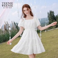 TEENIE WEENIE 法式方领泡泡袖肌理感连衣裙 象牙白