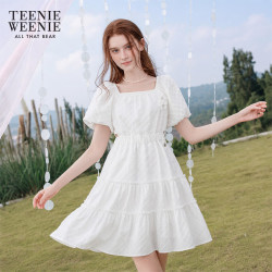 TEENIE WEENIE 法式方领泡泡袖肌理感连衣裙 象牙白