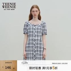 TEENIE WEENIE 女装简约清新气质方领连衣裙夏装绿格纹收腰裙子 藏青色 S (160)