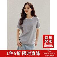 茵曼 撞边圆领休闲T恤女夏季减龄简约宽松舒适百搭上衣花灰-全棉S