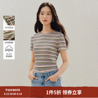 茵曼 撞色条纹木耳边短袖T恤2026夏季女装新款复古修身短款上衣 彩条 S