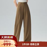 茵曼 通勤复古垂感休闲直筒裤女夏季高腰显瘦阔腿拖地裤长裤子 咖色 26