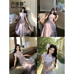 丹珠娜 紫色新中式连衣裙2026年夏季新款绝美国风穿搭收腰改良旗袍长裙子