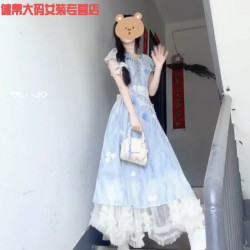 溥畔 法式温柔风甜美蓝色碎花洋装女夏季度假风收腰显瘦荷叶袖长SN7922 蓝色碎花裙 S 建议80-90斤