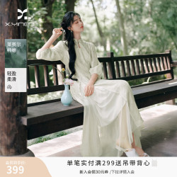香影 新中式国风刺绣连衣裙女2026秋季新款绿色收腰a字裙气质长裙 绿色 L 165/88A/110-125斤