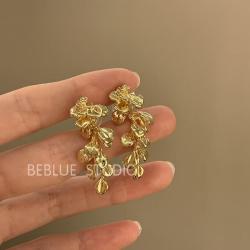 半日逅屿 花枝剪影夸张法式复古金属花朵流苏耳环女轻奢小众气质耳钉耳饰 金色花朵耳钉银针