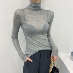 灰色高领打底衫女薄款2026新款秋冬网纱内搭高级感微透上衣堆堆领