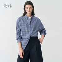 初棉 知识分子风蓝色格纹衬衫女26春季 高智感纯棉宽松显瘦衬衣 蓝格 L