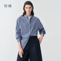 初棉 知识分子风蓝色格纹衬衫女26春季 高智感纯棉宽松显瘦衬衣 蓝格 L