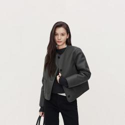 欧时力 秋装 圆领高级上衣小香风优雅飒酷机车皮衣时尚外套女