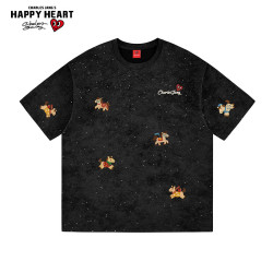 CHARLES JANG'S HAPPY HEART 满天星纯棉扎染短袖T恤男女夏季小马印花重磅 黑色    2XL