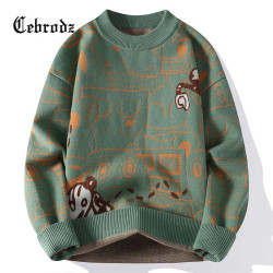 Cebrodz 法国 毛衣男秋冬季加厚保暖打底衫针织衫青少年潮牌提花毛线衣 绿色 L