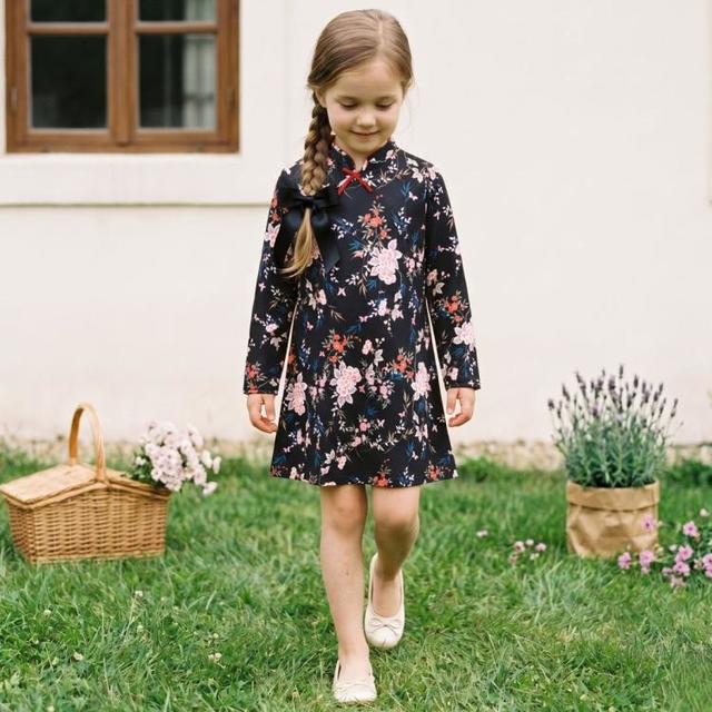 ZARA 女童国风旗袍裙复古碎花蝴蝶结饰长袖A字连衣裙