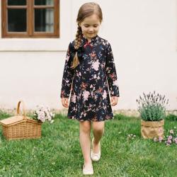 ZARA 女童国风旗袍裙复古碎花蝴蝶结饰长袖A字连衣裙