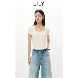 LILY 2026夏新款女装简约大方领修身收腰休闲百搭通勤纯色短袖T恤 721杏色 S