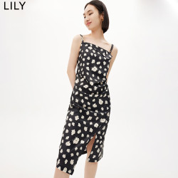 LILY 夏新款女装浪漫艺术印花时尚优雅可调肩带修身吊带连衣裙 510黑 S