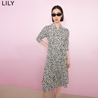 LILY 爱心印花翻领泡泡袖高腰连衣裙 米白 S