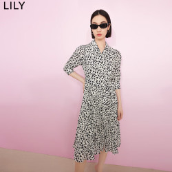LILY 爱心印花翻领泡泡袖高腰连衣裙