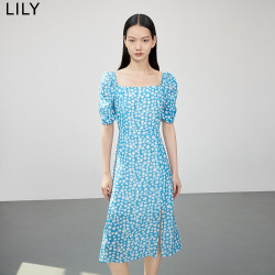 LILY 夏新款女装高品质天丝气质方领五分袖连衣裙 423玛瑙蓝 XS