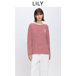 LILY 2026春新款圣诞新年撞色红色条纹休闲百搭长袖T恤内搭上衣女 136洋红 M