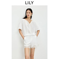 LILY 2026夏新款纯棉法式镂空绣花宽松休闲灯笼袖短袖套头蕾丝衫女 601白色 M
