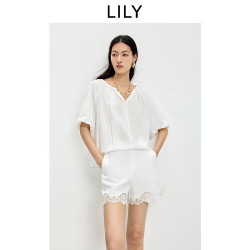 LILY 2026夏新款纯棉法式镂空绣花宽松休闲灯笼袖短袖套头蕾丝衫女 601白色 M