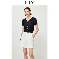 LILY 2026夏新款含莱赛尔亚麻简约V领休闲通勤短袖针织开衫女短款 411藏青 M