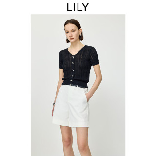 LILY 2026夏新款含莱赛尔亚麻简约V领休闲通勤短袖针织开衫女短款 411藏青 M