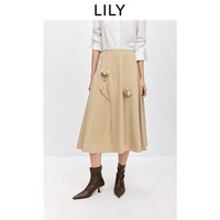 LILY 2026春新款女装复古时髦休闲气质通勤立体花朵珠片A字半身裙 705浅驼 M