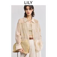 LILY 商场同款2025夏新款女装莱赛尔混纺绣花休闲薄款衬衫外套 716浅卡其 L