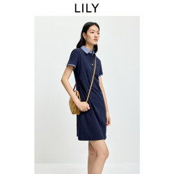LILY 2026夏新款女装复古POLO领条纹拼接抽褶收腰翻领直筒连衣裙 411藏青 S