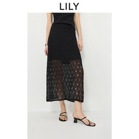 LILY 2026夏新款女装含莱赛尔亚麻复古菱形镂空绣花黑色半身裙长裙 510黑 S