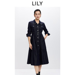 LILY 2026春新款女装含醋酸莱赛尔翻领垂感收腰气质通勤牛仔连衣裙 412藏蓝 L