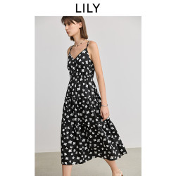 LILY 2025春新款女装撞色黑白碎花裙V领收腰吊带连衣裙 510黑 S