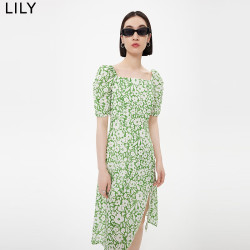 LILY 夏新款女装浪漫碎花法式复古方领气质泡泡袖高腰连衣裙女 303浅绿 S