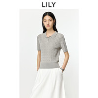 LILY 2026夏新款女装复古简约POLO领老钱风正肩休闲通勤短袖针织衫 519浅花灰 M