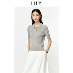 LILY 2026夏新款女装复古简约POLO领老钱风正肩休闲通勤短袖针织衫 519浅花灰 M