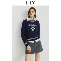 LILY 2025秋新款含羊毛学院风撞色嵌花休闲通勤藏青色针织衫女毛衣 411藏青 M