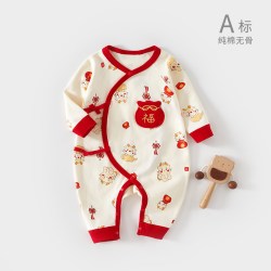 温巢 新生婴儿连体衣秋季纯棉满月宝宝衣服红色a类初生婴幼儿喜庆3