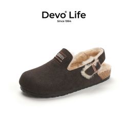 Devo Life 女士软木拖鞋包头半包棉鞋毛茸茸绒外穿
