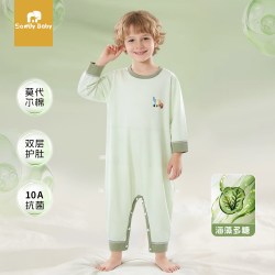 其他女孩 莫代尔儿童连体睡衣春秋薄款男女童空调服宝宝衣服双层护肚家居服