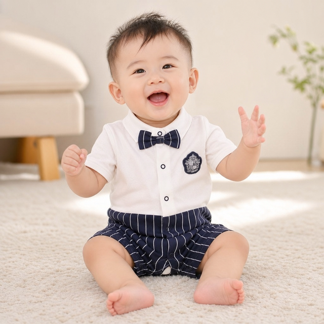 小靓仔 婴儿夏季装薄款男满月服百天周岁百日宴宝宝绅士礼服纯棉连体衣服