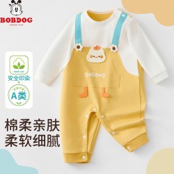 巴布豆 婴儿连体衣女宝宝假背带秋季长袖哈衣爬服棉可爱萌趣连身衣