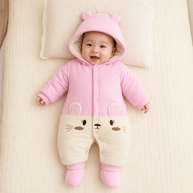 小靓仔 初生新生儿连体衣春秋冬装加厚婴儿包脚女宝宝抱衣服外出秋装套装