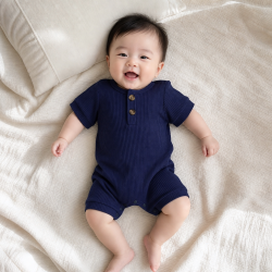 小靓仔 婴儿连体衣夏装0-3月初生男宝宝薄款新生儿6个月坑条短袖衣服薄款