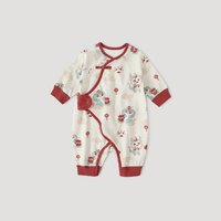 巴厘小猪 蛇宝宝满月百天衣服春秋中国风红色新年服纯棉新生儿婴儿连体衣