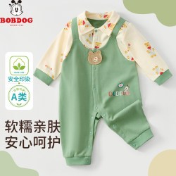 巴布豆 婴儿连体衣春秋款小熊背带假两件冬打底哈衣纯棉萌宝宝爬服